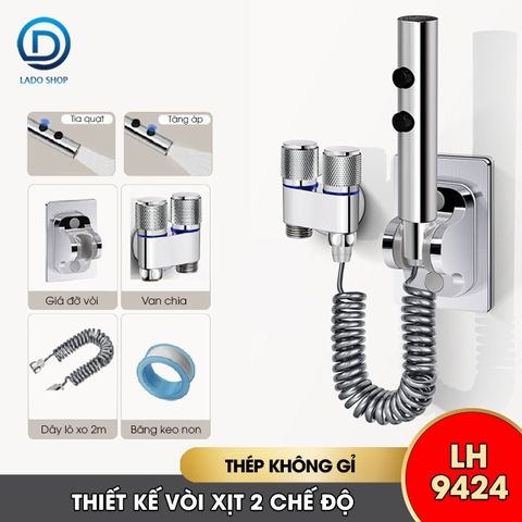 Bộ vòi xịt vệ sinh, toilet cao cấp LH-9424 thép không rỉ, lõi đồng + dây lò xo 2m, giá đỡ dán tường, van chia chữ H
