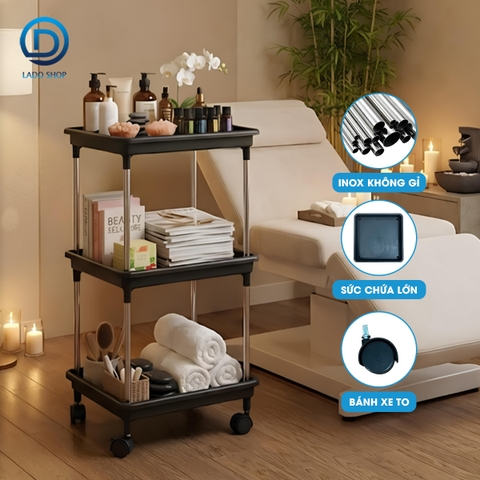Kệ 3 tầng có bánh xe để đồ đa năng LD-3644, kệ đẩy gia đình, spa, tiệm nail gội đầu khung INOX không rỉ