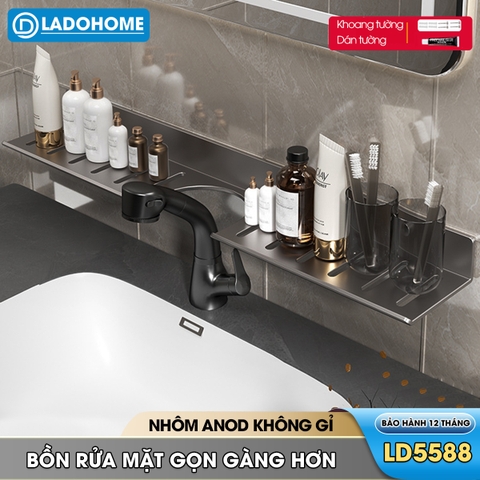 Kệ lắp bồn rửa mặt nhà tắm, giá để đồ trước gương LH-5588 Nhôm Anod không rỉ + tăng kèm keo dán + tắt kê ốc vít