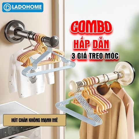 (Combo 3) Giá treo móc quần áo hút chân không LD-4105, có thể kéo dài hoặc thu gọn