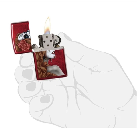 Bật Lửa ZIPPO - Classic - Day of Dead: Girl (Cô Gái Hoa Hồng Đỏ)
