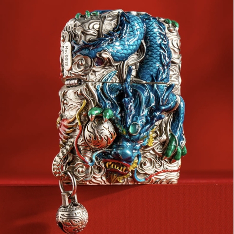 Zippo Rồng Xanh Dương Bạc - Phiên Bản Độ