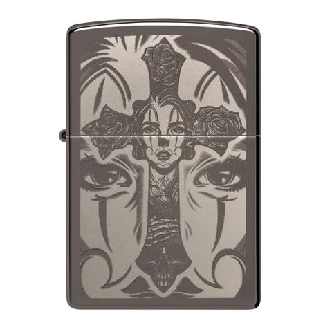 Bật Lửa ZIPPO - Black Ice - Cross Girls Tattoo (Cô gái thánh giá)