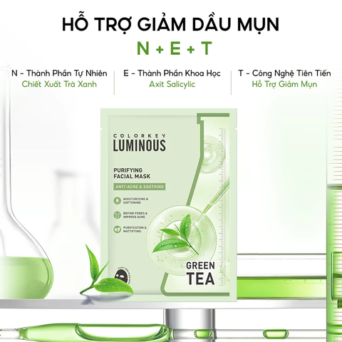 Hộp 10 Miếng Mặt Nạ Colorkey Hỗ Trợ Giảm Dầu Mụn Từ Trà Xanh & BHA 25ml x 10 Miếng