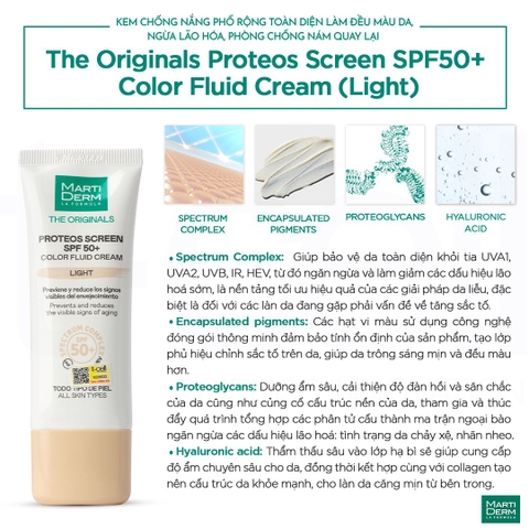 Kem Chống Nắng Làm Đều Màu Da Martiderm The Originals Proteos Screen SPF50+ Color Fluid Cream Light 40ml