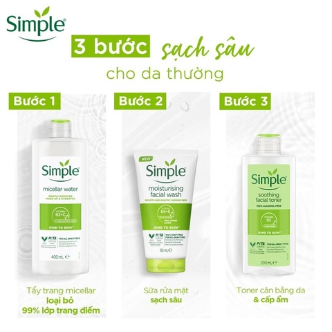 Nước Tẩy Trang Simple Micellar Cleansing Water Làm Sạch và Cấp Ẩm Cho Da