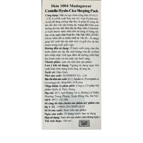 Mặt Nạ Ngủ Skin1004 Madagascar Centella Cấp Ẩm, Sáng Da & Ngừa Lão Hóa 100ml