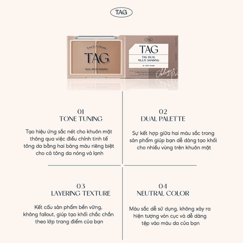 Bảng Phấn Tạo Khối Đa Năng Mịn Lì Lâu Trôi TAG Dual Multi Shading 9.4g