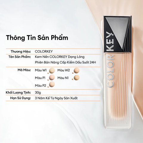 Kem Nền Colorkey Dạng Lỏng Cho Lớp Trang Điểm Lì Mỏng Nhẹ và Lâu Trôi 30g
