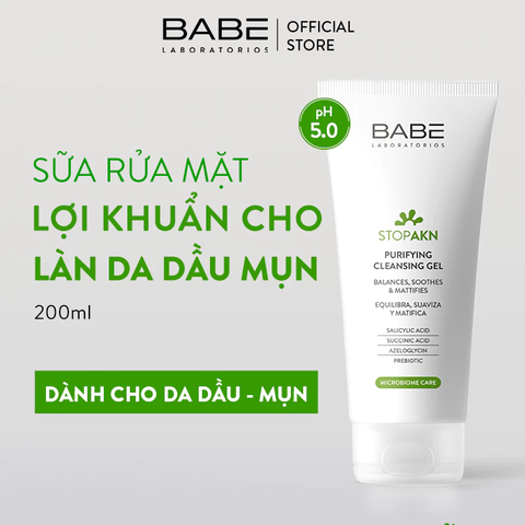 Sữa Rửa Mặt Lợi Khuẩn Cho Da Dầu Mụn BABE Stop AKN Purifying Cleansing Gel 200ml
