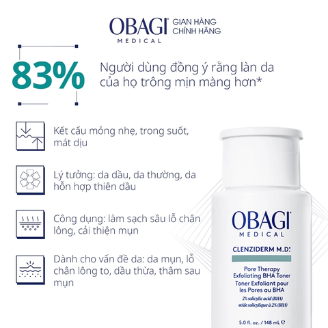 Dung Dịch Tẩy Tế Bào Chết, Ngừa Mụn Obagi BHA 2% Clenziderm M.D. Exfoliating 148ml
