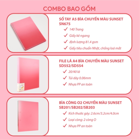 [Combo Sunset 3] Sổ tay A5 + Bìa lá A4 + Bìa còng O2