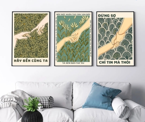 Bộ 3 Tranh Cơ đốc Decor phòng khách, phòng nhóm, Tranh thiết kế không kèm khung (Giăng 20:27, Mathio 11:28, Mác 5:36)