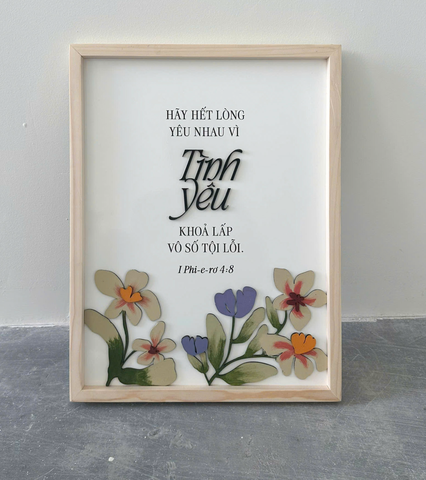 [Faith works] Tranh gỗ Câu gốc Tình yêu khoả lấp tội lỗi I Phi-E-Rơ 4:8 | Joshua chữ nhật 30x40Cm