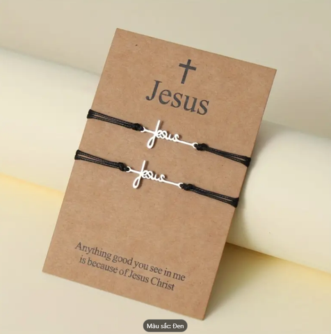Set 02 Chiếc Vòng Tay mặt Jesus thép không gỉ, dây bện sáp đen có thể điều chỉnh độ rộng