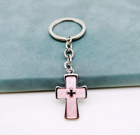 [Màu hồng] Móc Khóa thập giá Thép không gỉ đổ acrylic