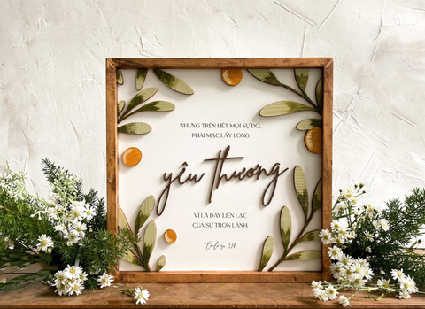 [Faith works] Tranh gỗ Câu gốc vuông Tình yêu-thương là dây liên lạc của sự trọn lành  Cô-lô-se 3:14 30x30Cm