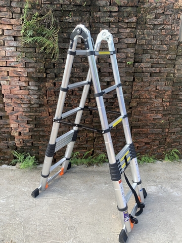 Thang nhôm rút gọn đai đen có bánh xe NiNDA ND-64AIS chữ A 3m2, duỗi 6m4