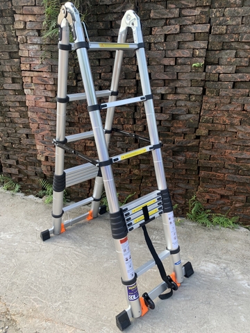 Thang nhôm rút gọn đai đen có bánh xe NiNDA ND-64AIS chữ A 3m2, duỗi 6m4