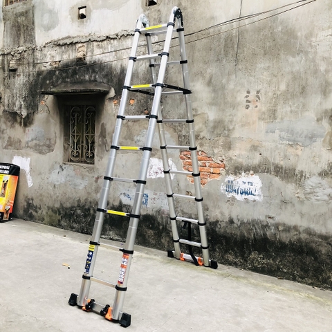 Thang nhôm rút gọn đai đen có bánh xe NiNDA ND-56AIS chữ A 2m8, duỗi 5m6
