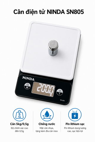 Cân tiểu ly nhà bếp chống nước NINDA SN805 tải 5kg/0,5g độ chính xác cao dùng cho nhà bếp, gia đình, quán ăn