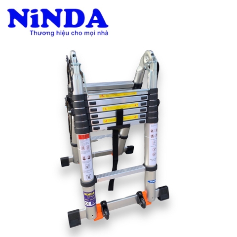 Thang nhôm rút gọn đai đen có bánh xe NiNDA ND-44AIS chữ A 2m2, duỗi 4m4