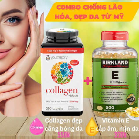 Combo đẹp da Collagen Youtheory 390 viên, Vitamin E 500 viên Mỹ