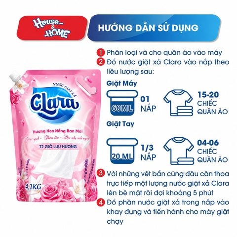 Nước giặt xả Clara - Hương hoa nắng ban mai - Túi 4,1kg