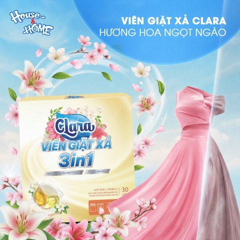 Viên giặt xả Clara  3in1 - Hương hoa ngọt ngào - Hộp 30 viên