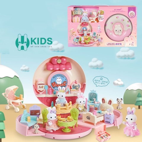 Đồ Chơi Balo Hình Chiếc Bánh Donut Biến Hình Ngôi Nhà Búp Bê Thỏ Đáng Yêu kèm nhiều phụ kiện Cho Bé Gái