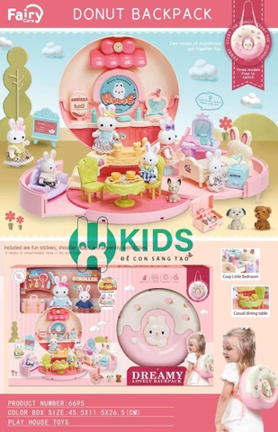 Đồ Chơi Balo Hình Chiếc Bánh Donut Biến Hình Ngôi Nhà Búp Bê Thỏ Đáng Yêu kèm nhiều phụ kiện Cho Bé Gái
