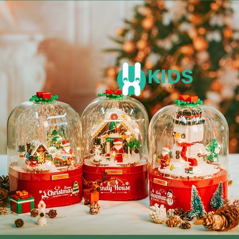 Hộp nhạc giáng sinh lắp ghép xếp hình người tuyết, cây thông noel có tuyết rơi tự động xoay 360 độ và đèn bắt mắt