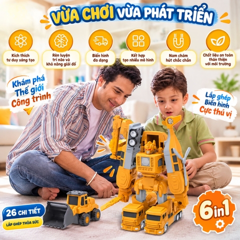 Bộ Đồ Chơi Xe Công Trình Lắp Ghép Biến Hình Robot 6in1 26 Chi Tiết