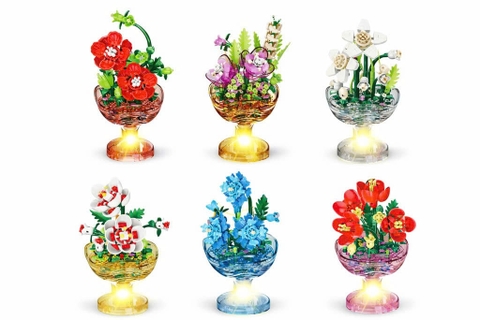 Bộ Xếp Hình Cốc Hoa Phát Sáng Khay 6 Hộp – Lắp Ráp Chậu Hoa Mini Có Đèn