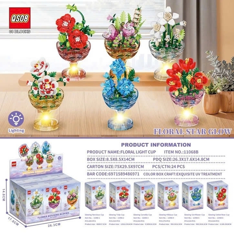 Bộ Xếp Hình Cốc Hoa Phát Sáng Khay 6 Hộp – Lắp Ráp Chậu Hoa Mini Có Đèn