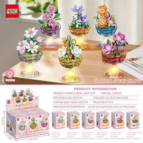 Bộ Xếp Hình Cốc Hoa Phát Sáng Khay 6 Hộp – Lắp Ráp Chậu Hoa Mini Có Đèn