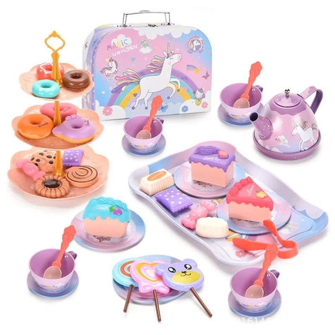 Bộ Đồ Chơi Tiệc Trà Bánh Ngọt Unicorn Vali Ấm Chén Cho Bé