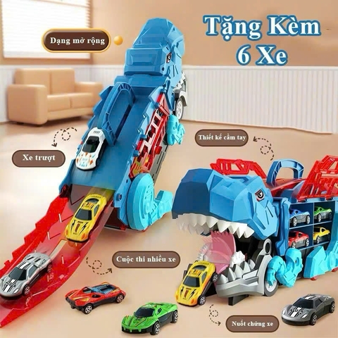Khủng Long Nuốt Xe Cầu Trượt 2in1 Cho Bé – Tặng Kèm 6 Xe Con