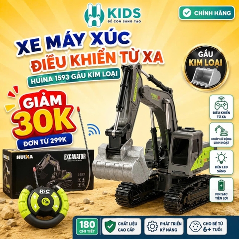 Xe Máy Xúc Điều Khiển Từ Xa Huina 1593 Gầu Kim Loại 22 Kênh