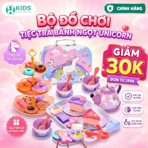 Bộ Đồ Chơi Tiệc Trà Bánh Ngọt Unicorn Vali Ấm Chén Cho Bé