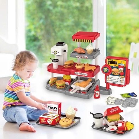 Quầy tính tiền đồ ăn nhanh cho bé 71 chi tiết – bộ đồ chơi bán hàng hamburger khoai tây chiên siêu thật