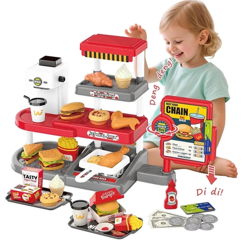 Quầy tính tiền đồ ăn nhanh cho bé 71 chi tiết – bộ đồ chơi bán hàng hamburger khoai tây chiên siêu thật