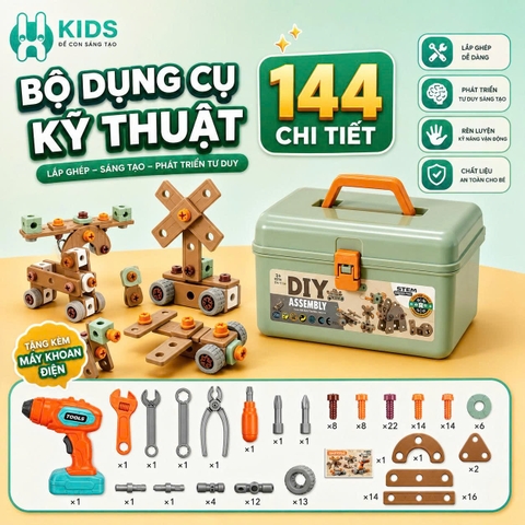 Bộ Dụng Cụ Kỹ Thuật DIY Cho Bé 135–144 Chi Tiết Lắp Ráp Sáng Tạo