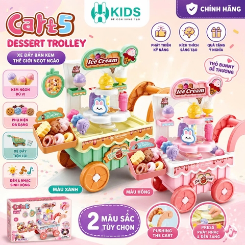 Đồ Chơi Xe Đẩy Bán Kem Cho Bé Có Đèn Nhạc – Set Quầy Kem Mini Kèm Phụ Kiện, Nhập Vai Bán Hàng
