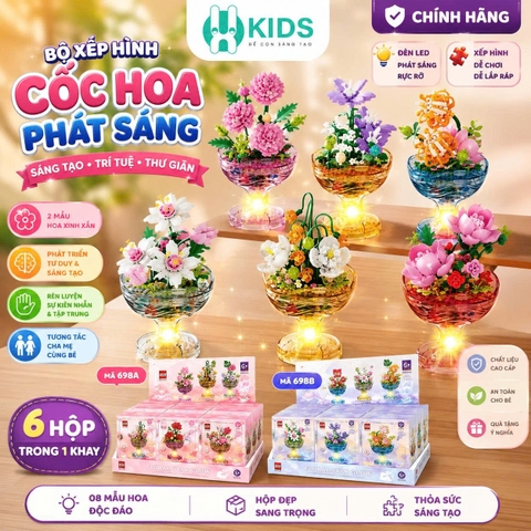 Bộ Xếp Hình Cốc Hoa Phát Sáng Khay 6 Hộp – Lắp Ráp Chậu Hoa Mini Có Đèn