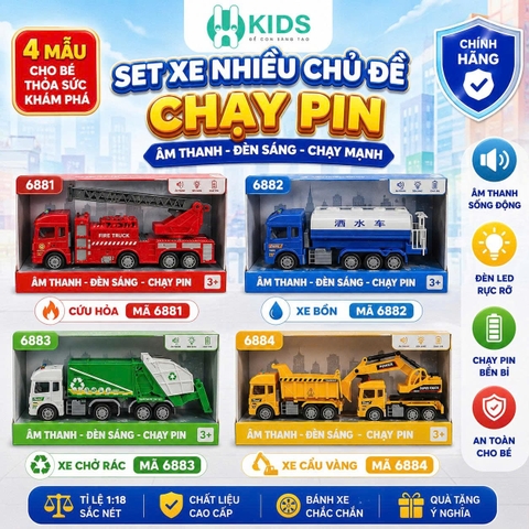Set Xe Công Trình Nhiều Chủ Đề Chạy Pin Cho Bé – Cứu Hỏa, Xe Bồn, Xe Rác, Xe Cẩu