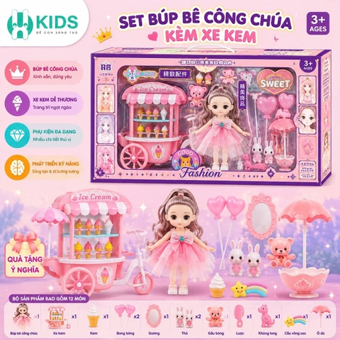 Set Búp Bê Công Chúa Kèm Xe Kem Và Phụ Kiện Cho Bé
