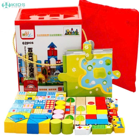 Bộ Xếp Hình Gỗ Thành Phố Giao Thông 62 Chi Tiết Cho Bé