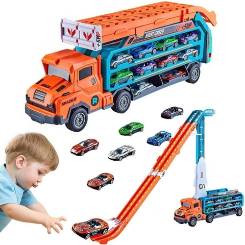Xe Tải Chở Ô Tô Biến Hình Đường Đua Cho Bé – Kèm 6 Xe Con Hợp Kim