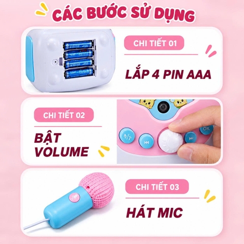 Máy Karaoke Đồ Chơi Cho Bé Kèm Micro, Loa Nghe Bluetooth 5.0 Có Ghi Âm